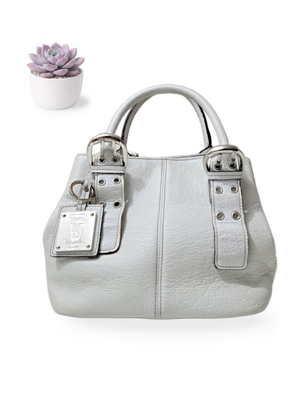 Tignanello White Pebbled Leather Satchel Shoulder Bag Silver Buckle Hardware